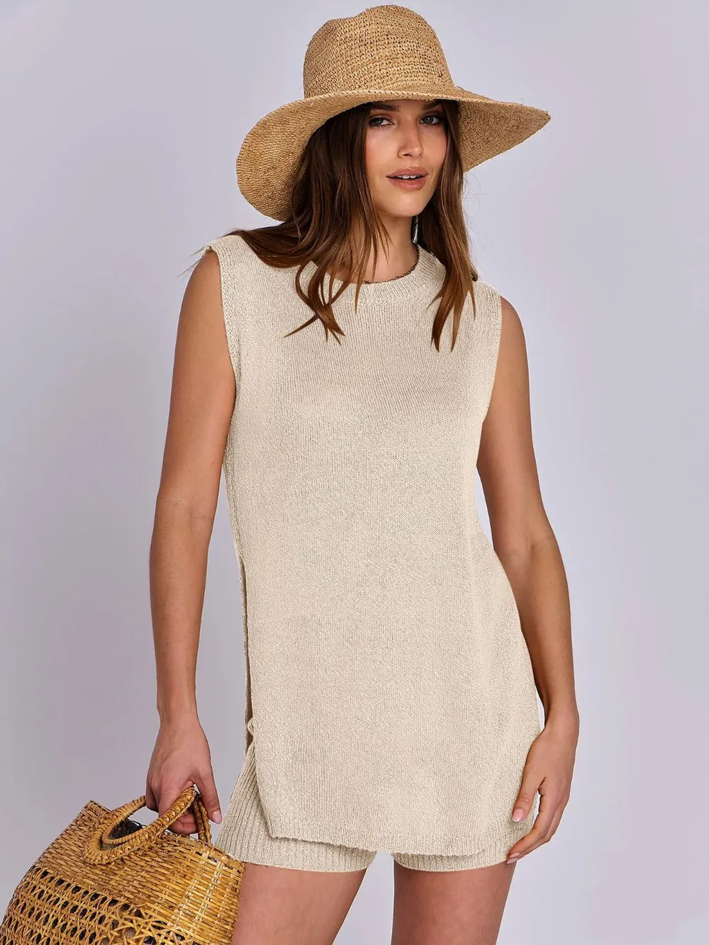 Side Slit Round Neck Tank and Ribbed Shorts Sweater Set, image 4