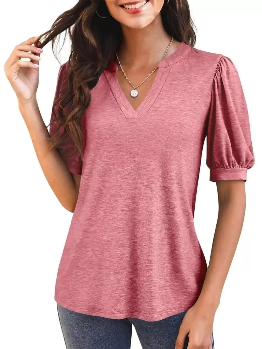 Puff Sleeve Notched Casual T-Shirt, image 16