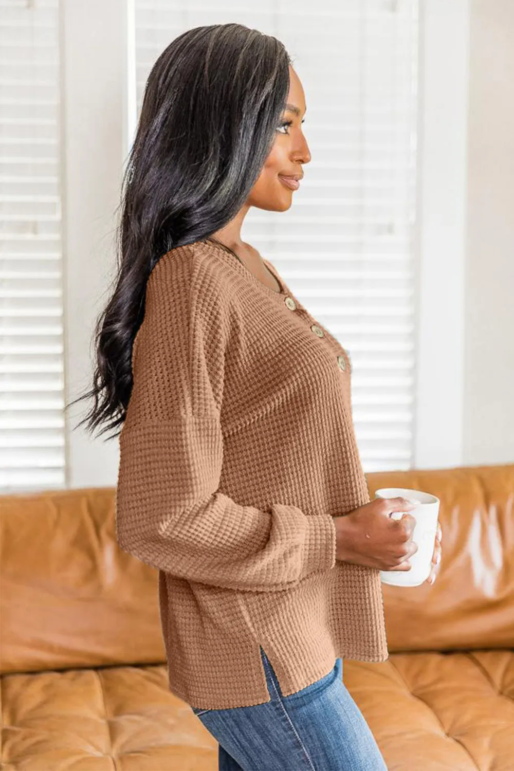Slit Waffle Knit Long Sleeve T-Shirt, image 3