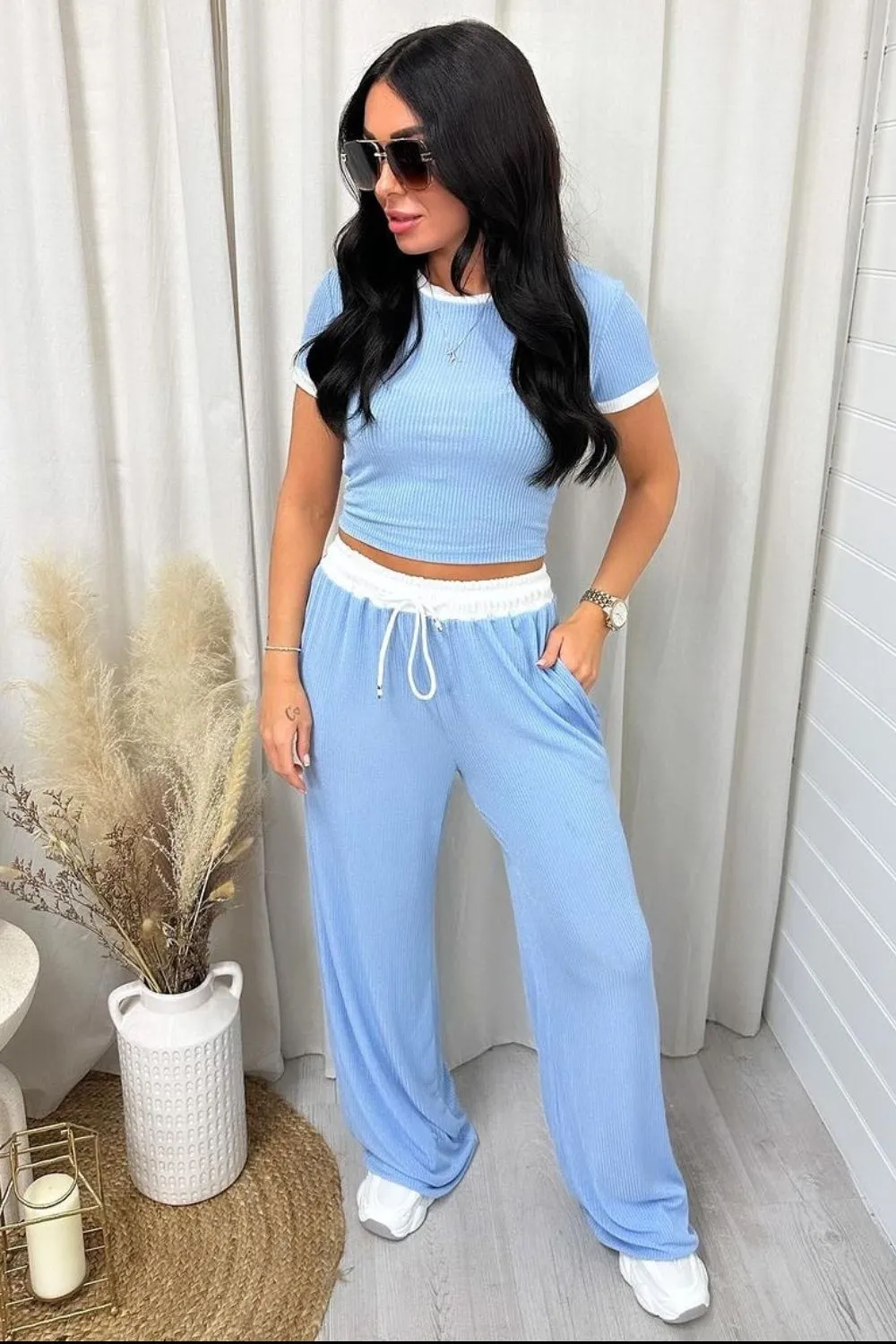 Contrast Trim Round Neck Top and Pants Set, image 4