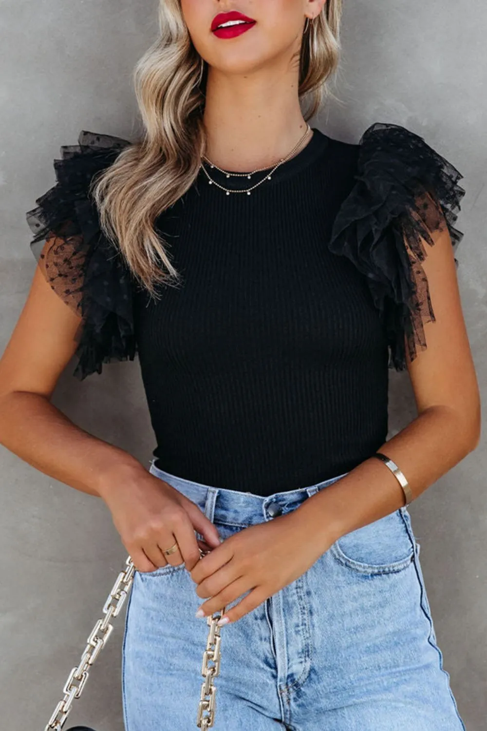 Ruffled Round Neck Cap Sleeve Blouse, image 7