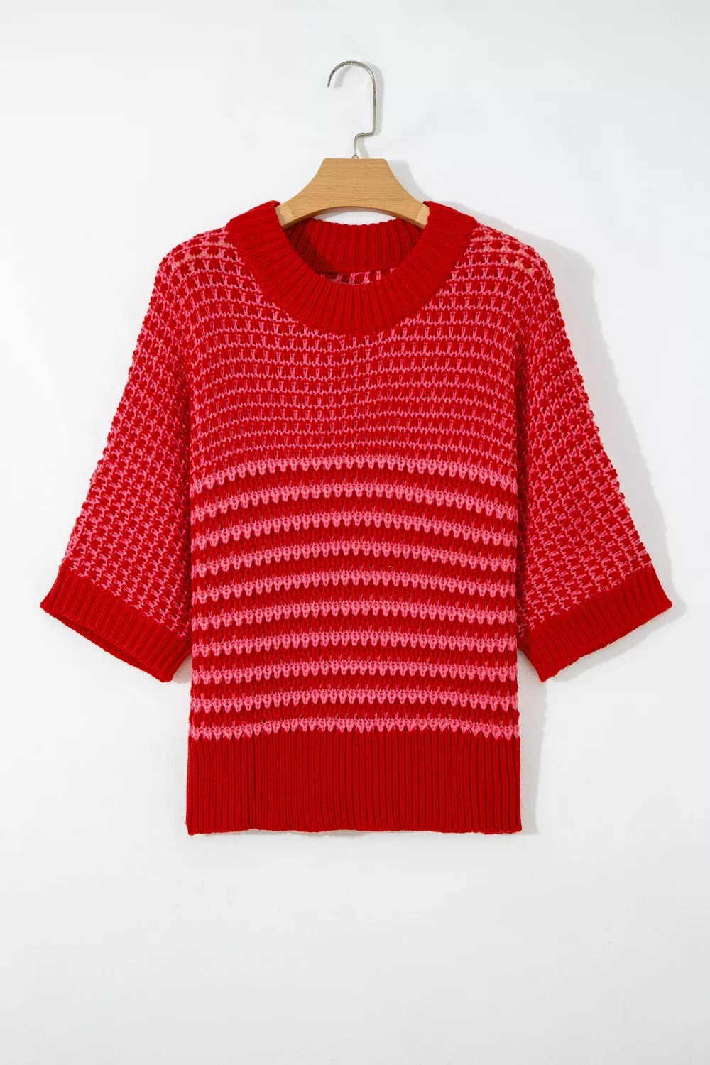Stripe Wavy Crochet Eyelet Detail Ruffle Half Sleeve Sweater, image 4