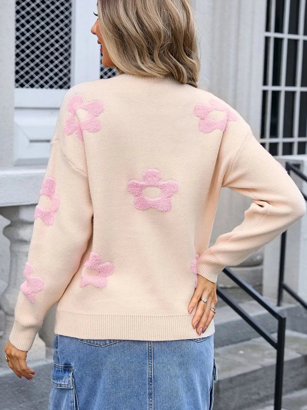 Flower Round Neck Long Sleeve Sweater, image 12