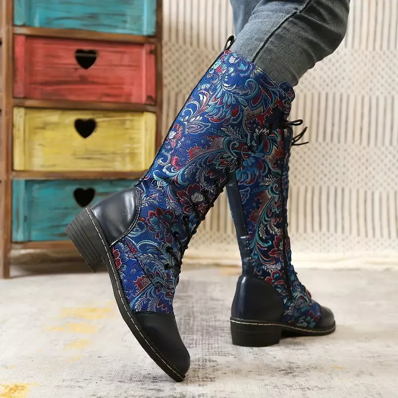 Embroidered Lace-Up Knee High Boots, image 9