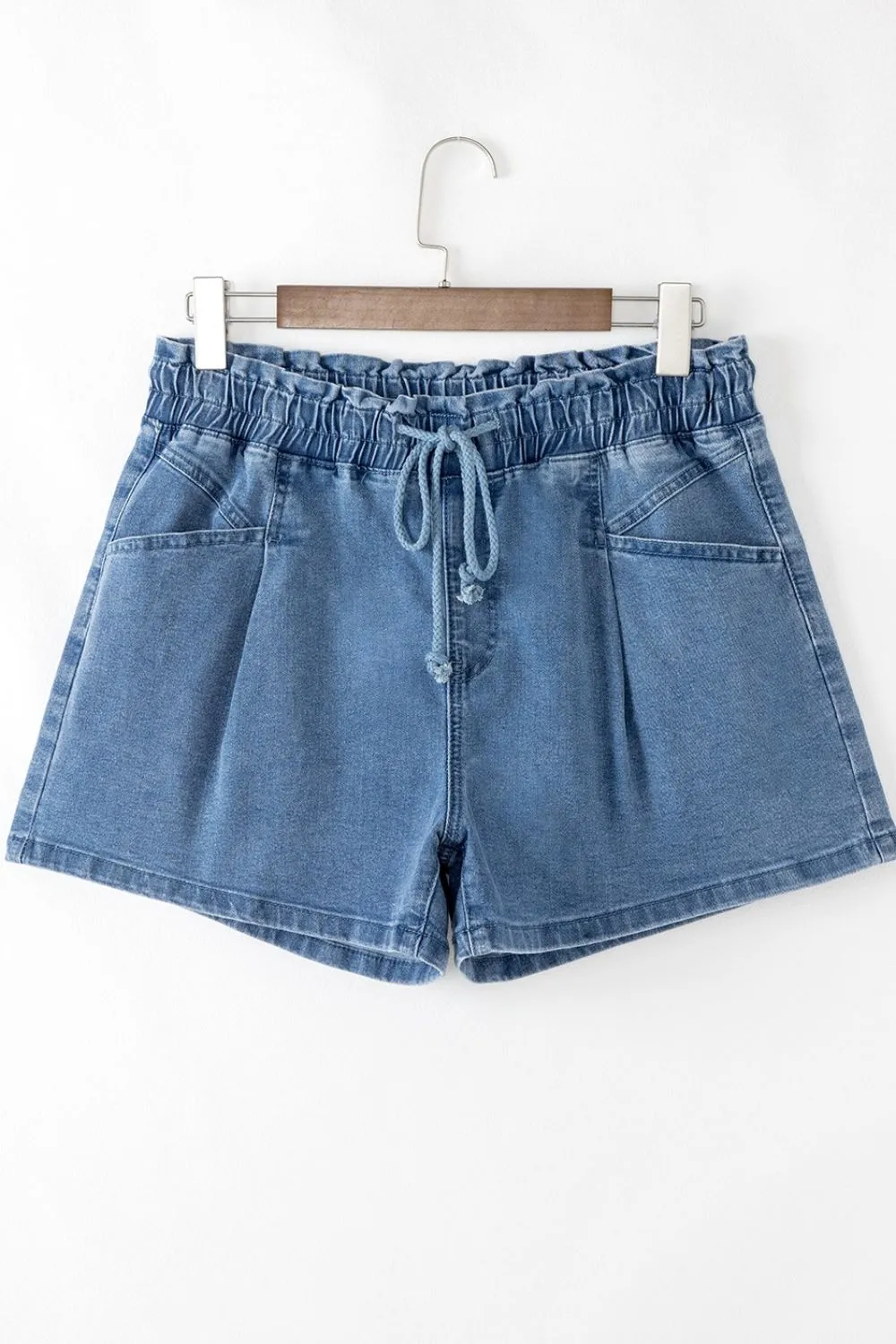 Drawstring High Waist Denim Shorts with Pockets, image 3