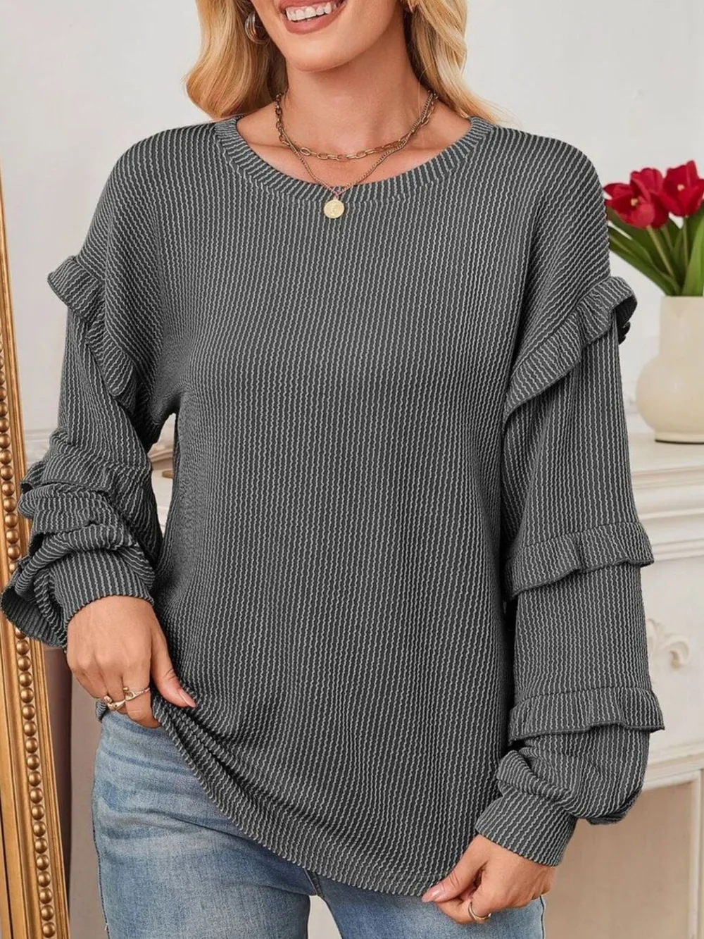 Ruffled Round Neck Long Sleeve Sweatshirt, image 4