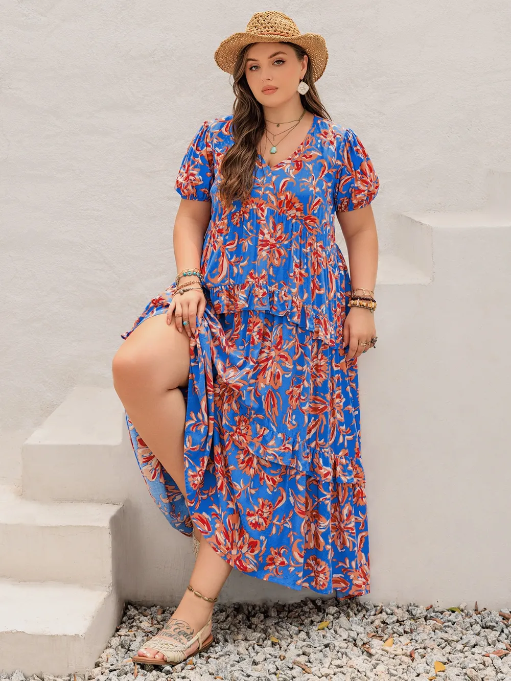 Plus Size Ruffled Printed V-Neck Short Sleeve Maxi Dress, image 3