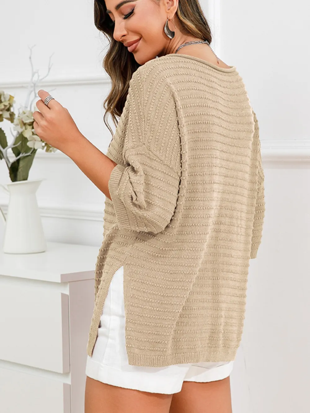 Rolled Round Neck Dropped Shoulder Slit Sweater, image 13