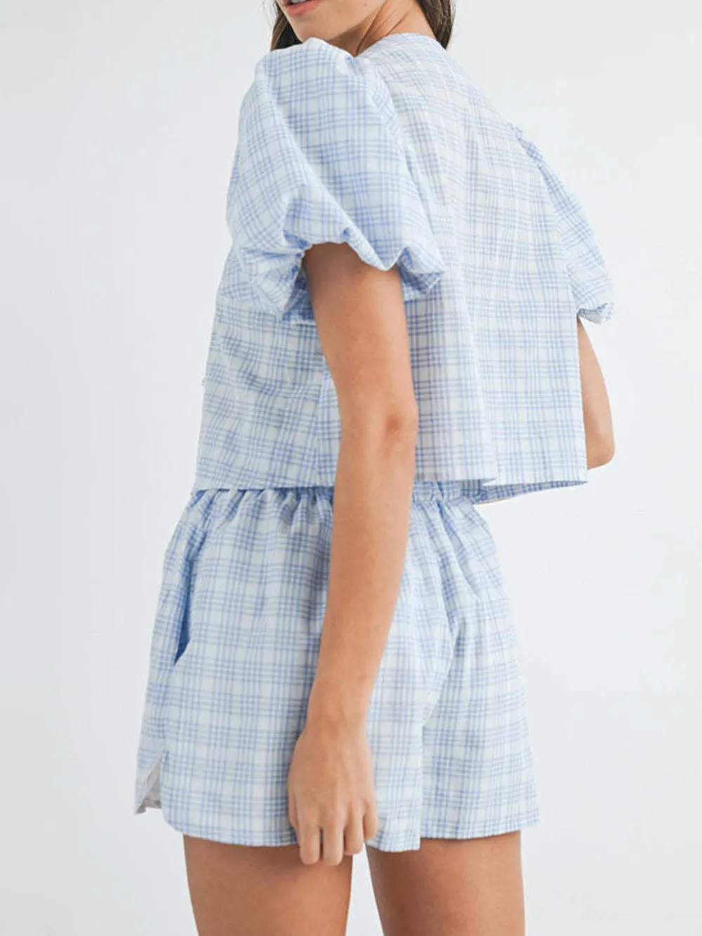 V-Neck Puff Sleeve Top and Shorts Set, image 2