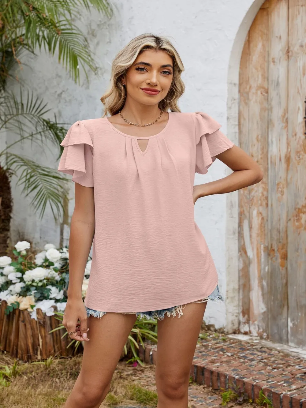 Cutout Round Neck Short Sleeve Blouse, image 14