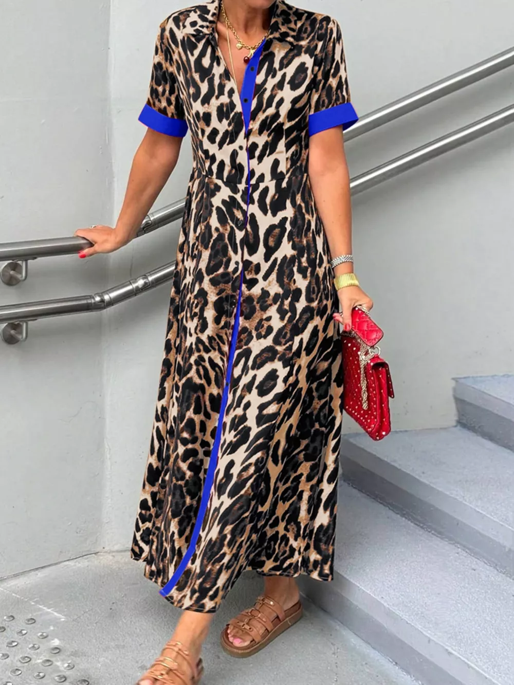 Leopard Print Button-Down Dress with Contrast Trim, image 9
