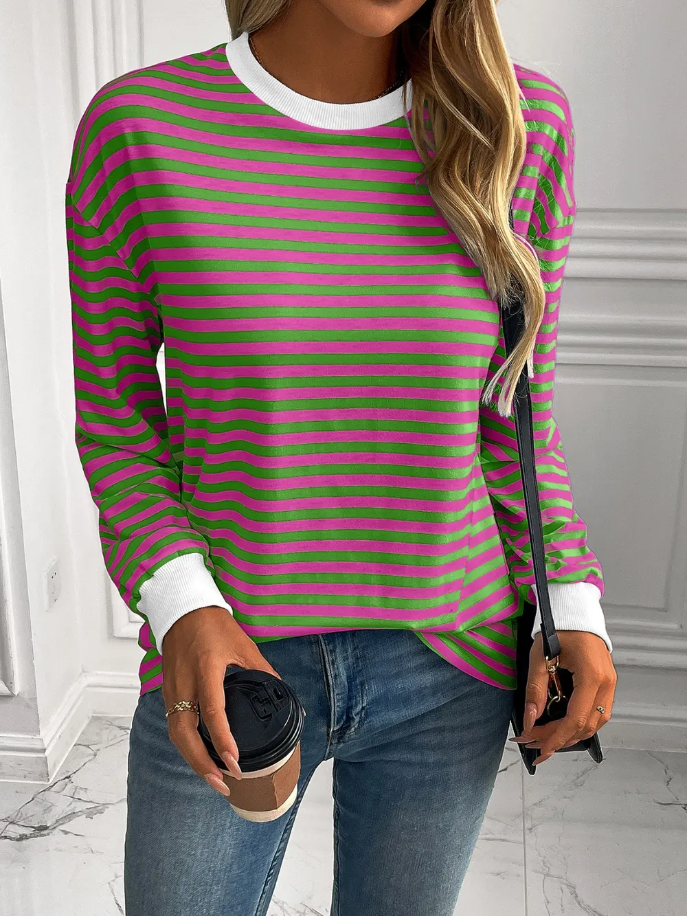Striped Round Neck Long Sleeve Sweatshirt, image 4