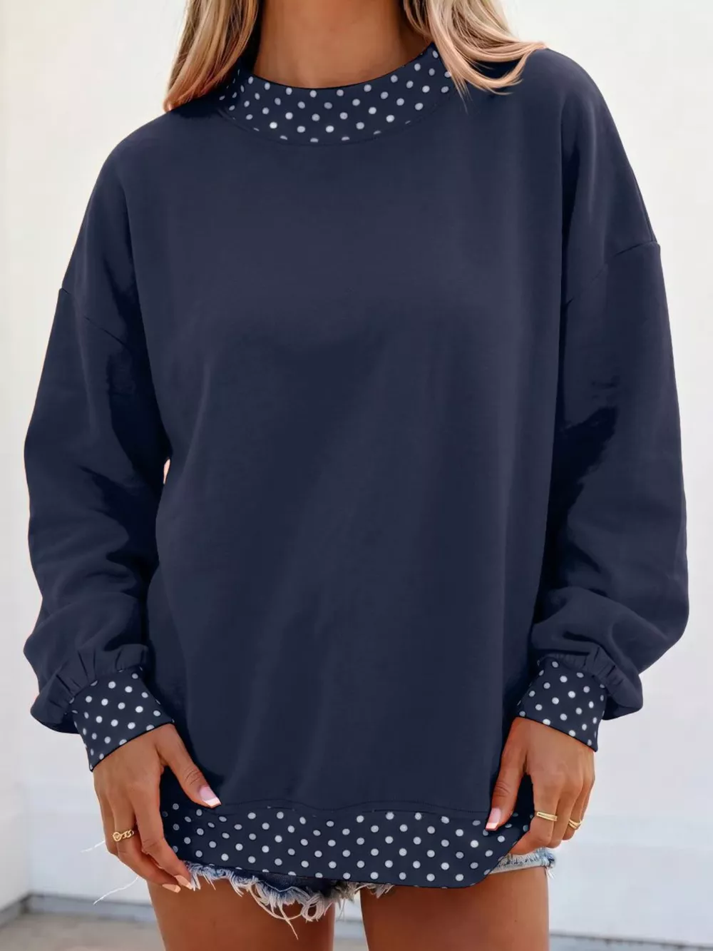 Polka Dot Trim Contrast Crew Neck Sweatshirt