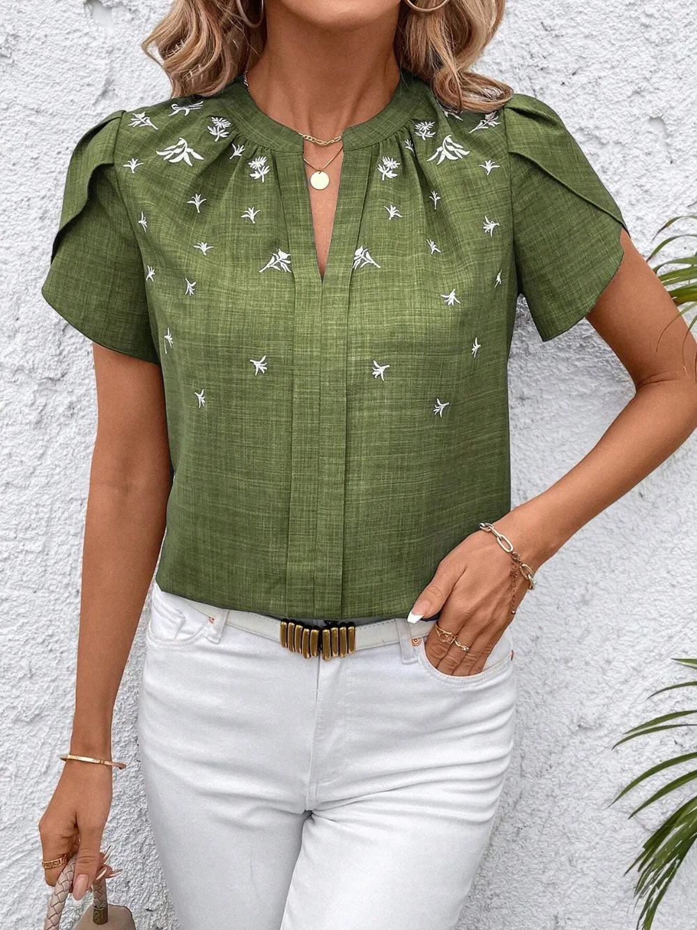 Floral Notched Short Sleeve Blouse, image 6