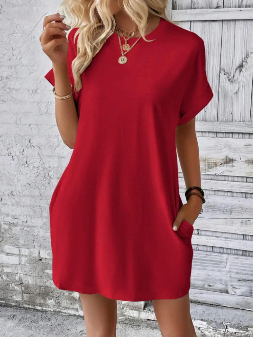 Round Neck Short Sleeve Mini Tee Dress with Pockets, image 7