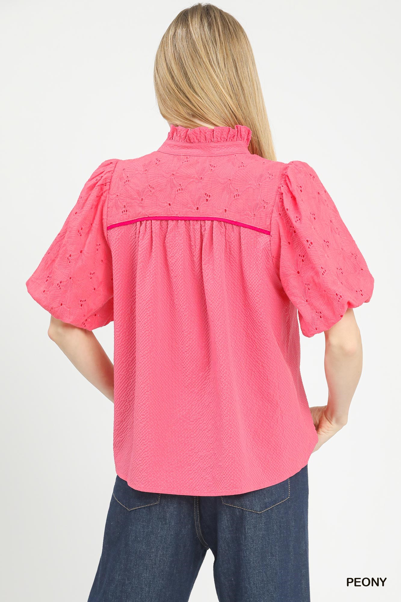 Puff Sleeve Eyelet Mix Top with Contrast Piping, image 2
