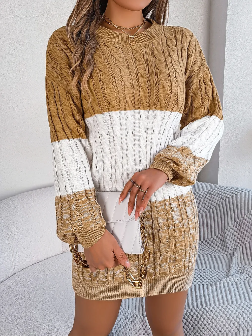 Cable-Knit Round Neck Color Block Sweater Dress, image 11