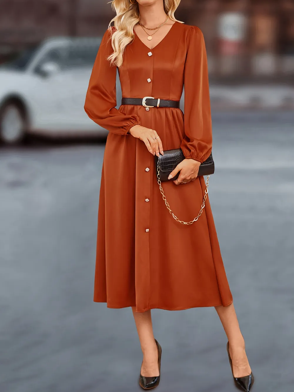 V-Neck Balloon Sleeve Midi Dress, image 6
