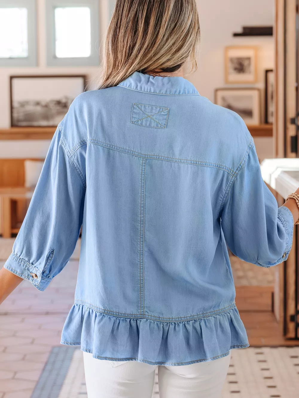 Half Sleeve Button Down Ruffled High Low Chambray Shirt, image 3