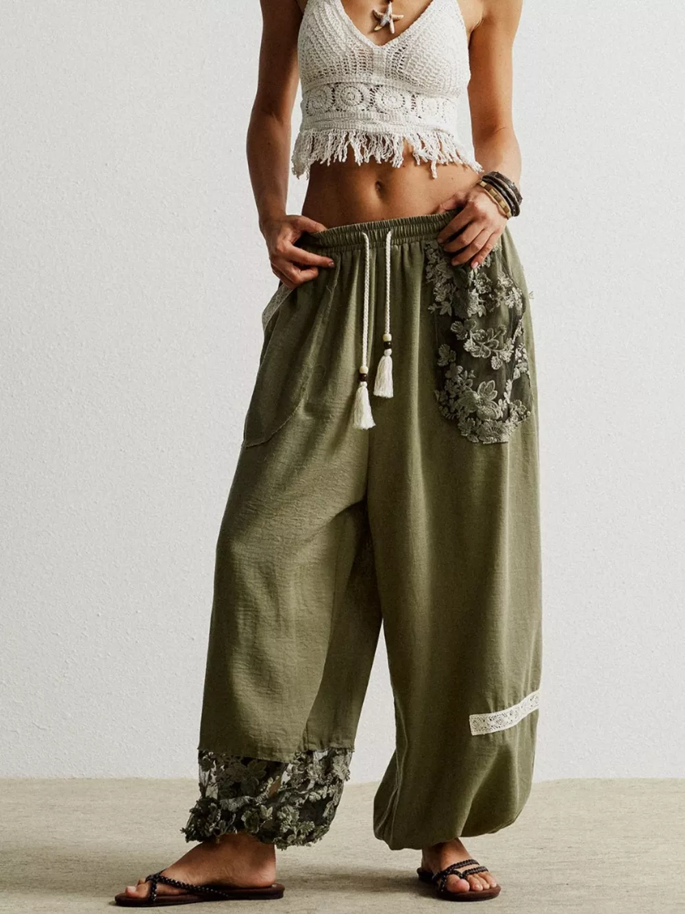 Lace Detail Drawstring Harem Pants, image 3