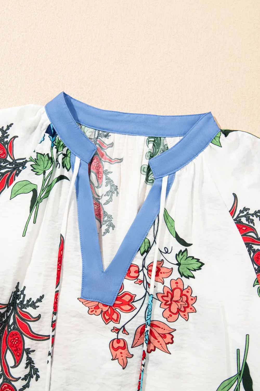 Floral Print Contrast Tassel Tie Short Sleeve Blouse, image 3