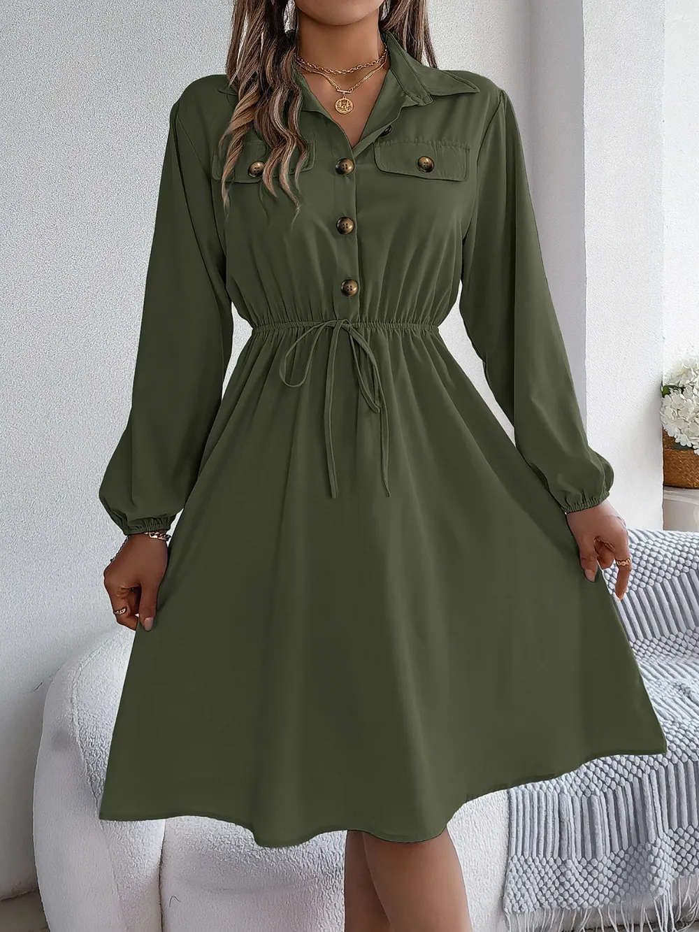 Collared Neck Long Sleeve Dress with Pockets, image 29