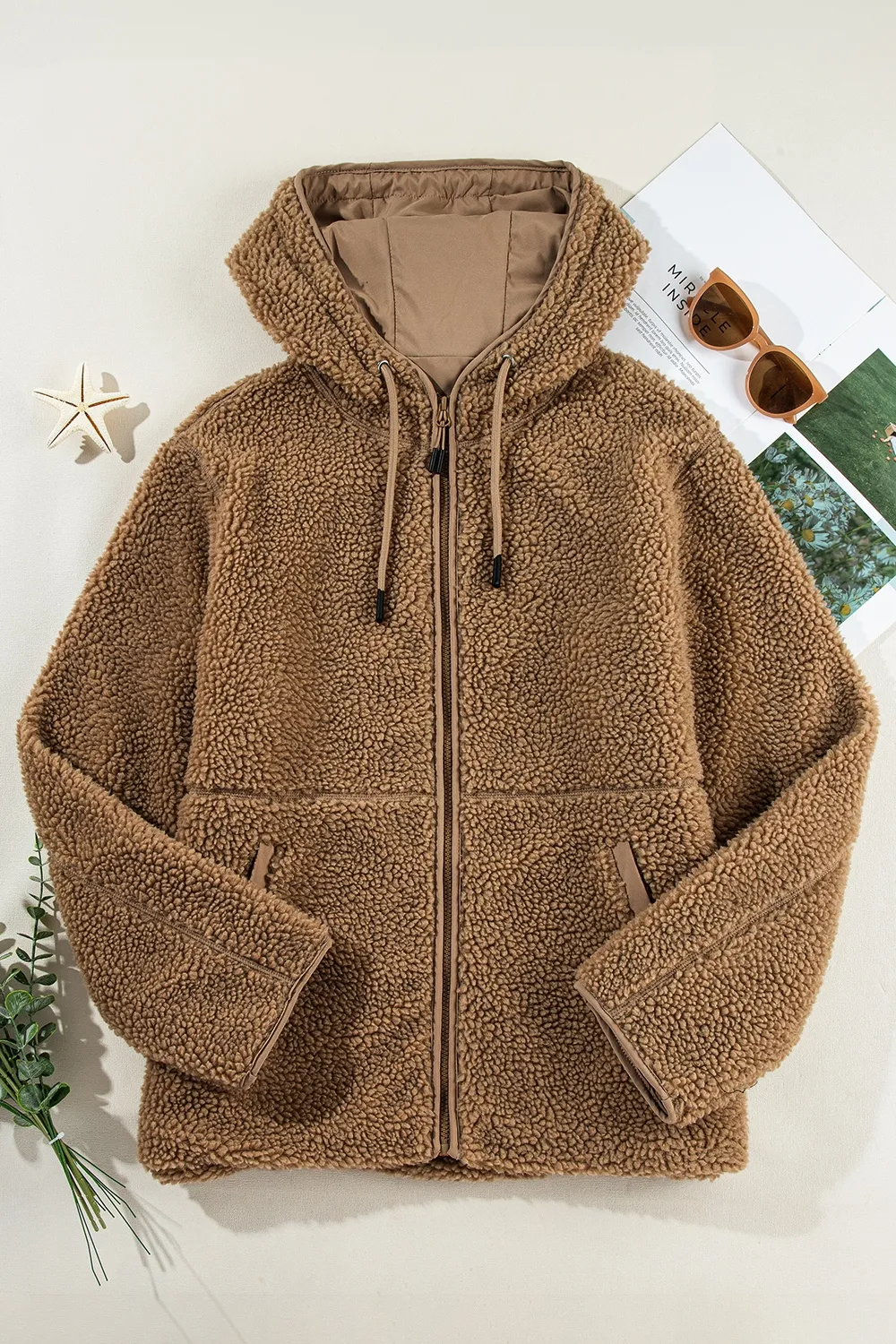 Drawstring Fleece Zip Up Hooded Jacket, image 6