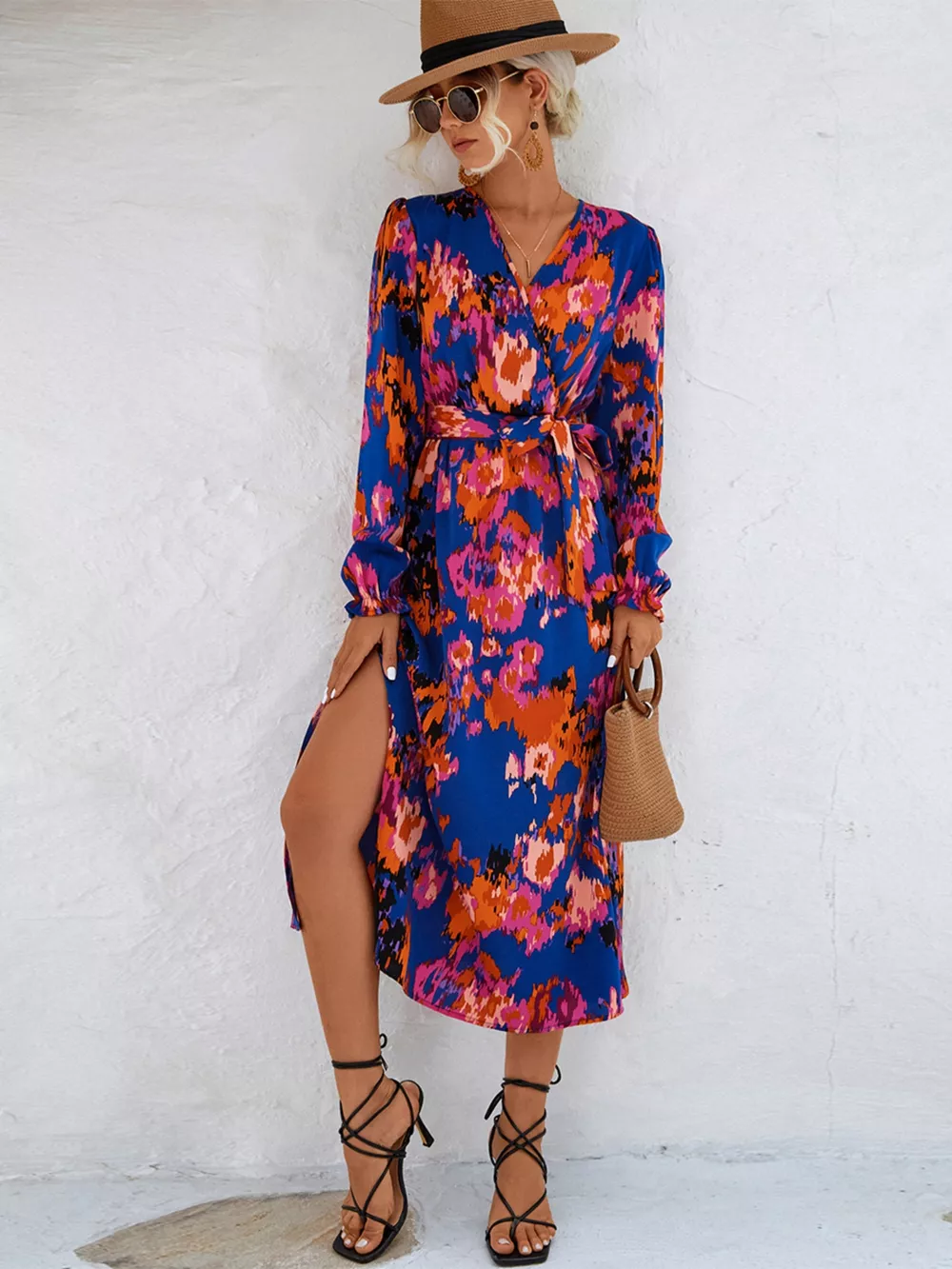 Printed Surplice Long Sleeve Midi Dress, image 3