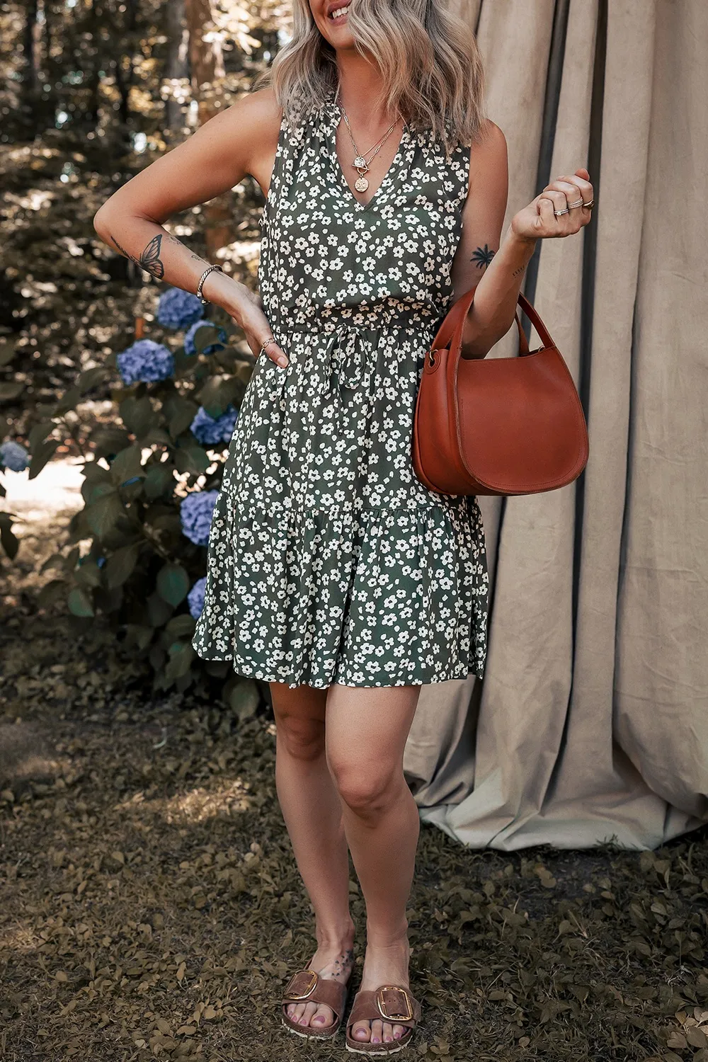 Boho Floral Print V Neck Tunic Sleeveless Dress, image 3