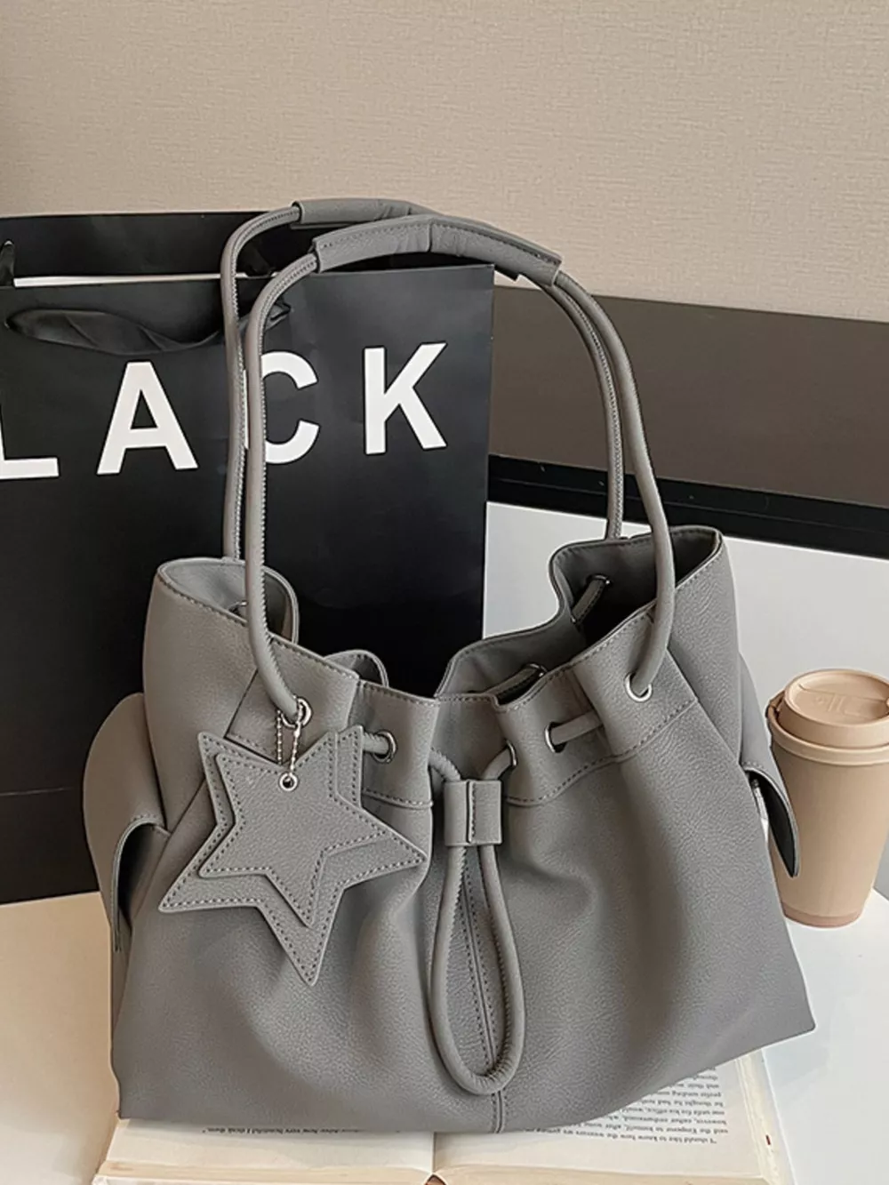 Drawstring Shoulder Bag with Star Charm, image 2