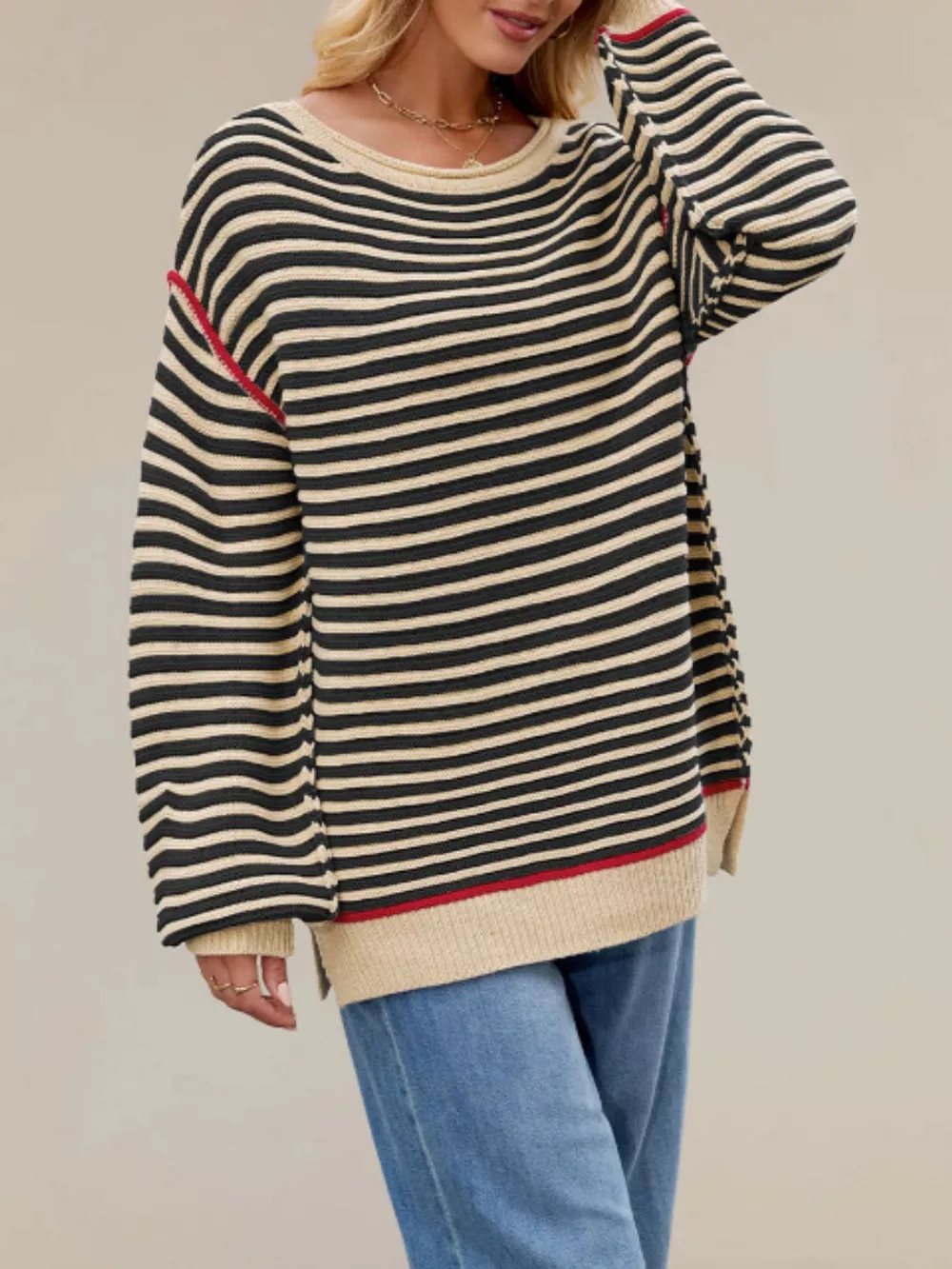 Oversized Striped Dropped Shoulder Sweater, image 5