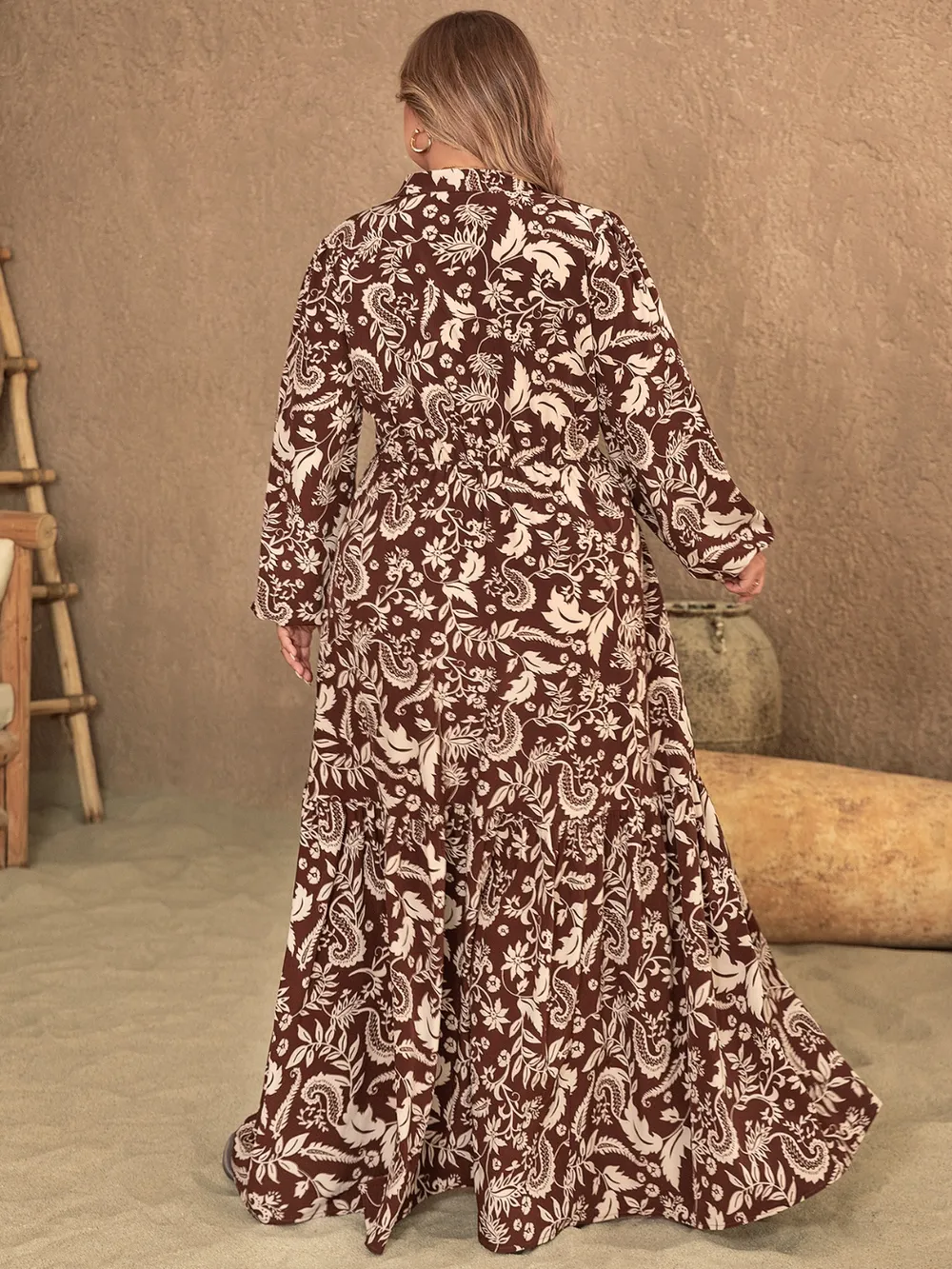 Plus Size Notched Balloon Sleeve Printed Maxi Dress, image 2