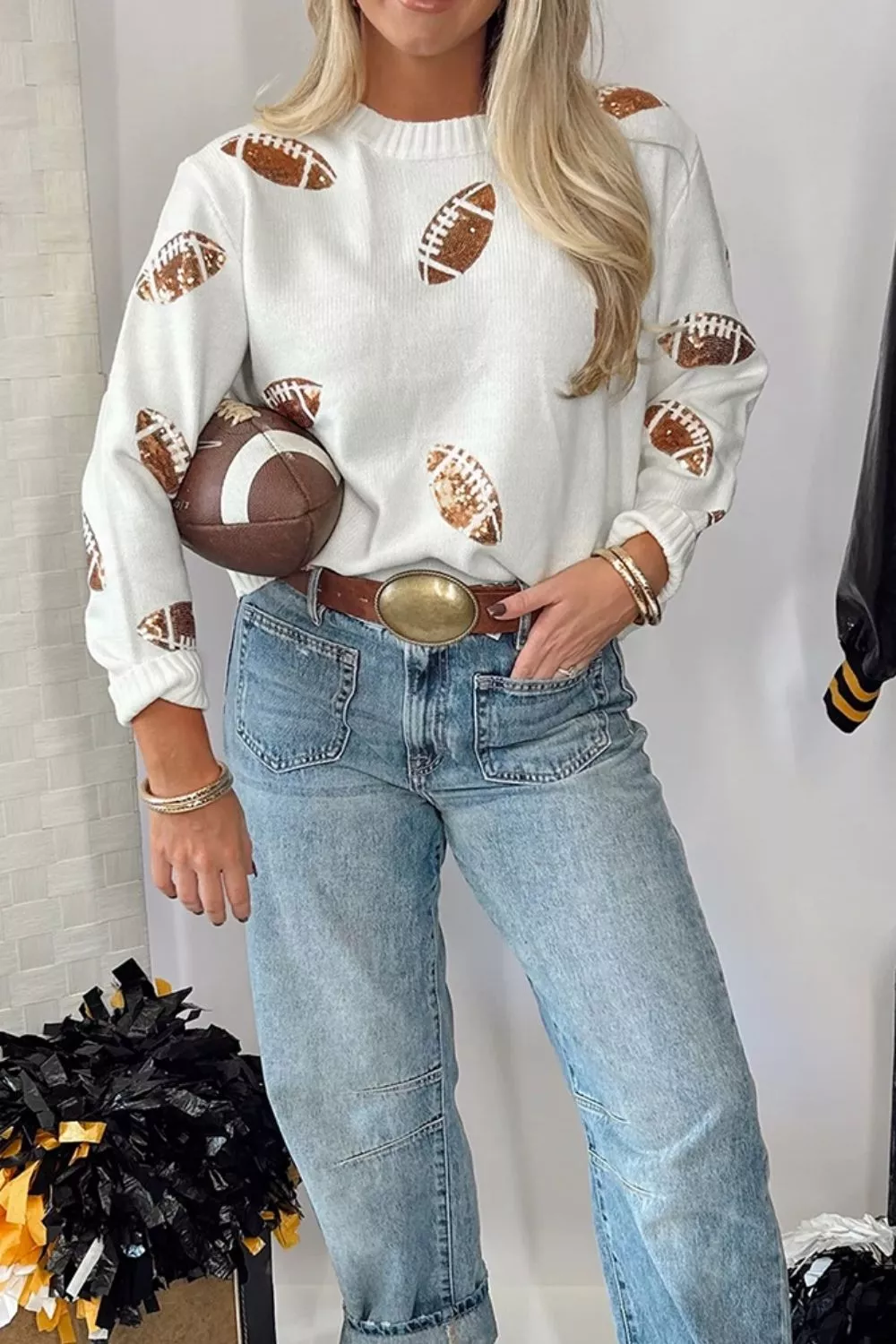 Sequin Football Print Round Neck Long Sleeve Loose Fit Sweater, image 5