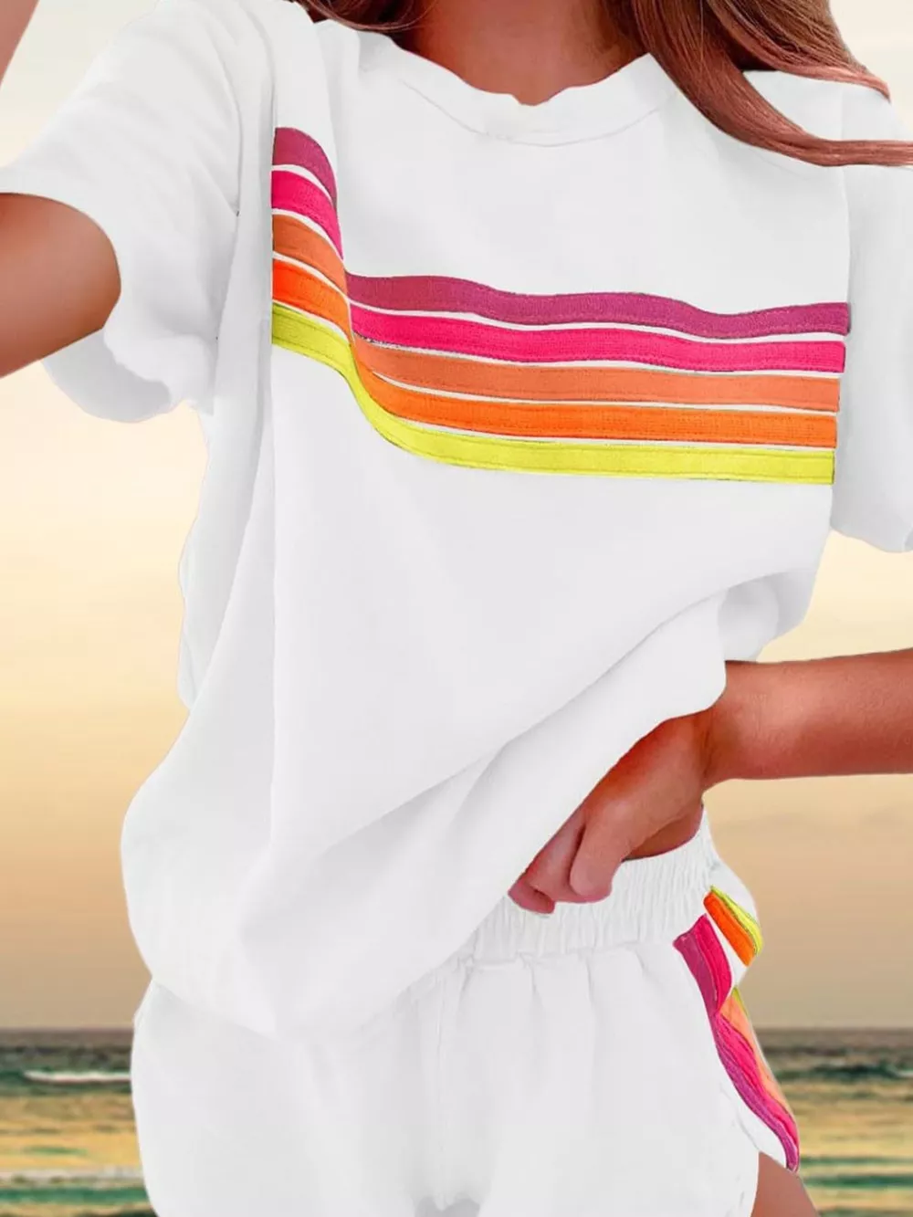 Rainbow Striped Round Neck Top and Shorts Set, image 5