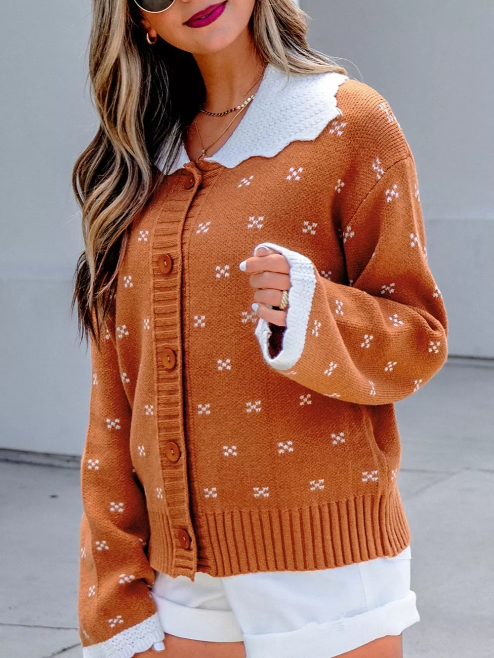 Peter Pan Collar Colorblock Long Sleeve Knitwear Cardigan, image 3