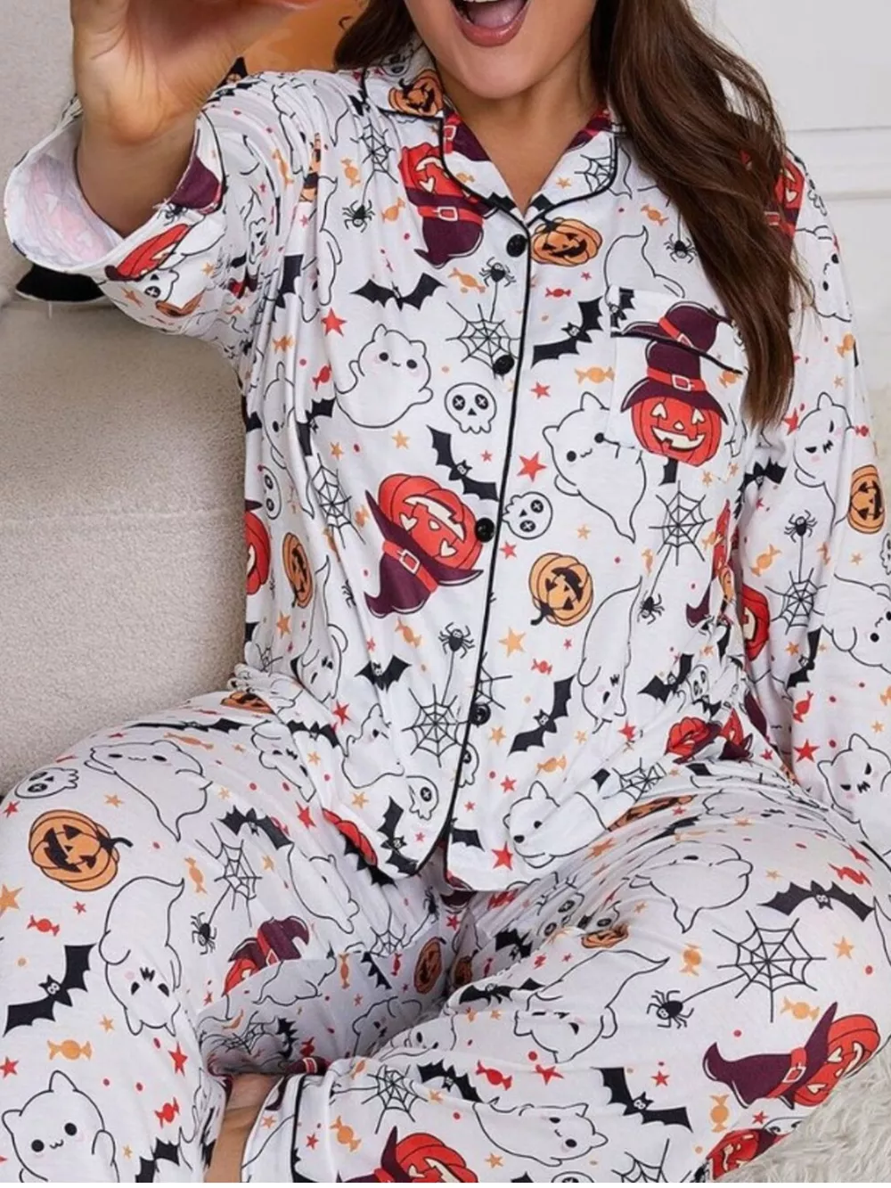 Plus Size Halloween Ghost and Pumpkin Print Top and Pants Lounge Set, image 3