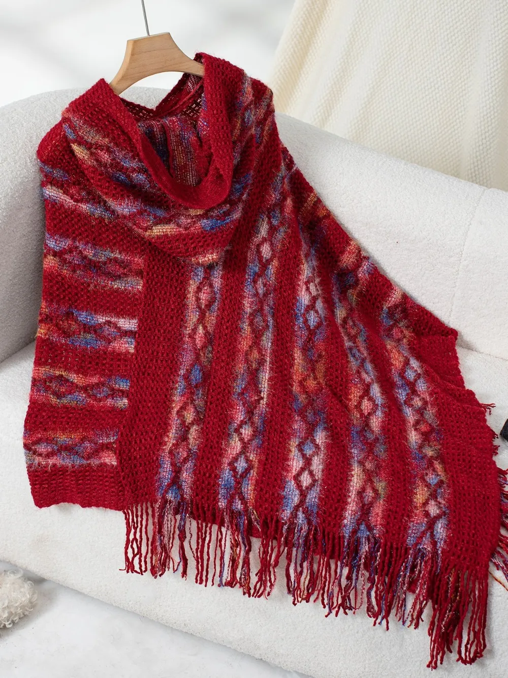 Fringe Contrast Hooded Poncho, image 6