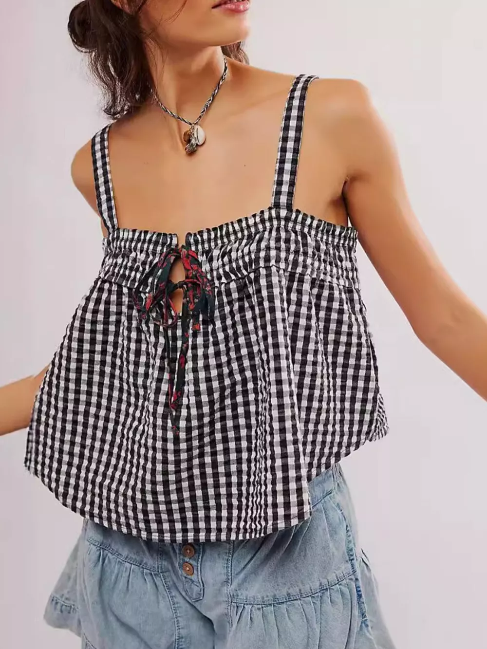 Smocked Gingham Tie-Front Cami, image 3