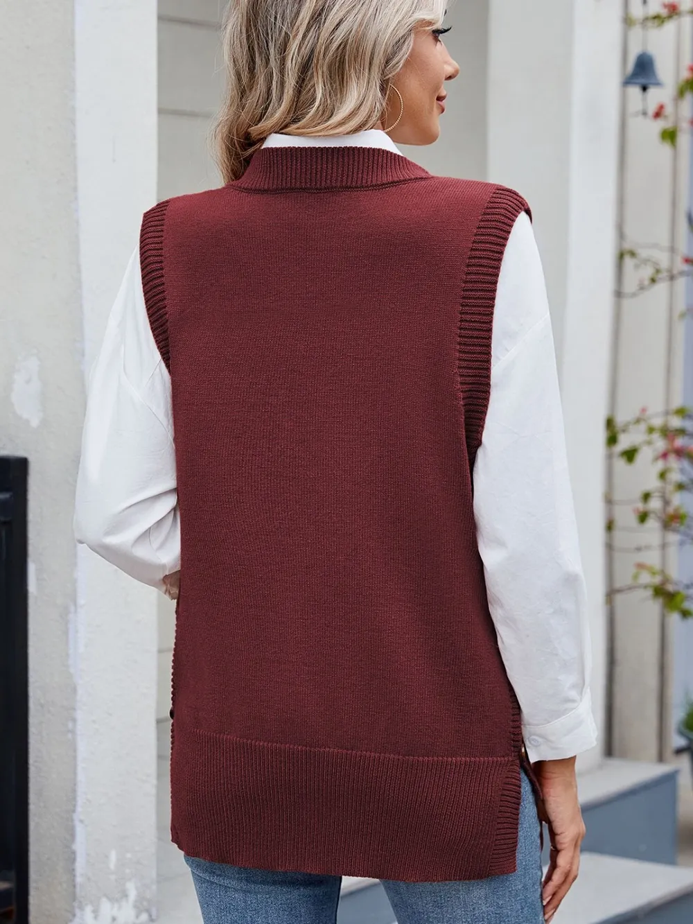 Buttoned Round Neck Sweater Vest, image 8