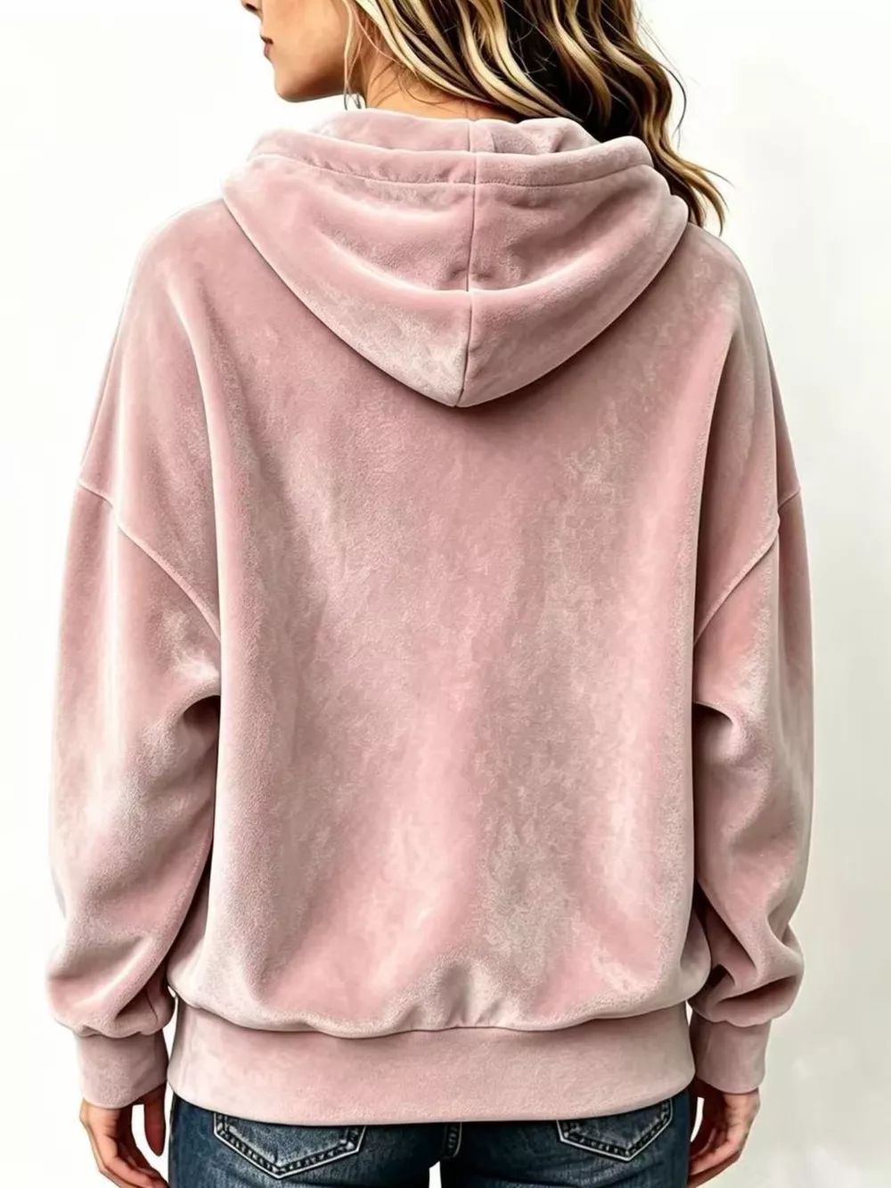 Full Size Drawstring Velvet Long Sleeve Hoodie Plus Size, image 2