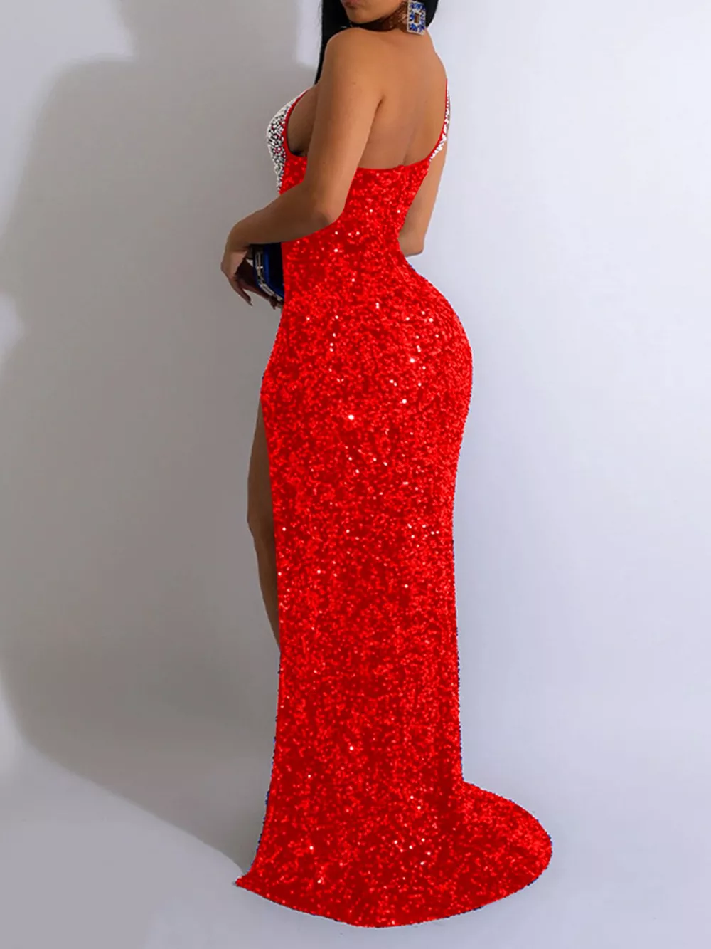 Rhinestone One-Shoulder High-Slit Maxi Dress, image 4