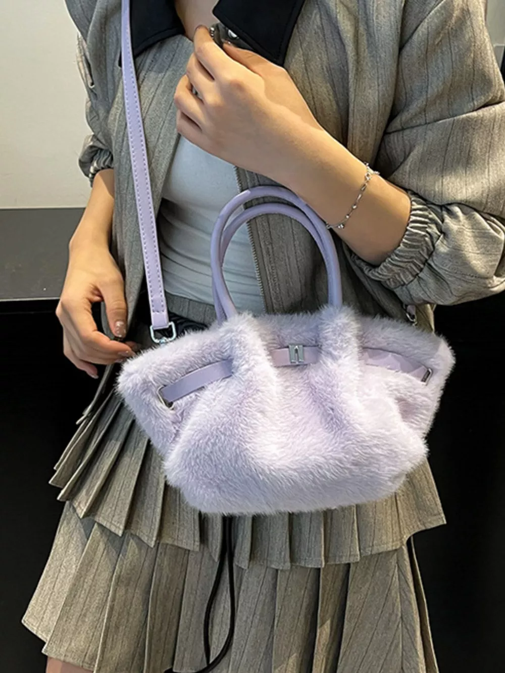 Fluffy Crossbody Bag with Buckle Detail, image 12
