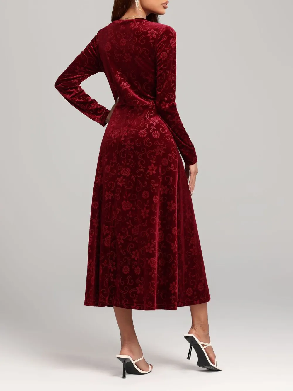 Flower Print V-Neck Long Sleeve Midi Dress, image 2