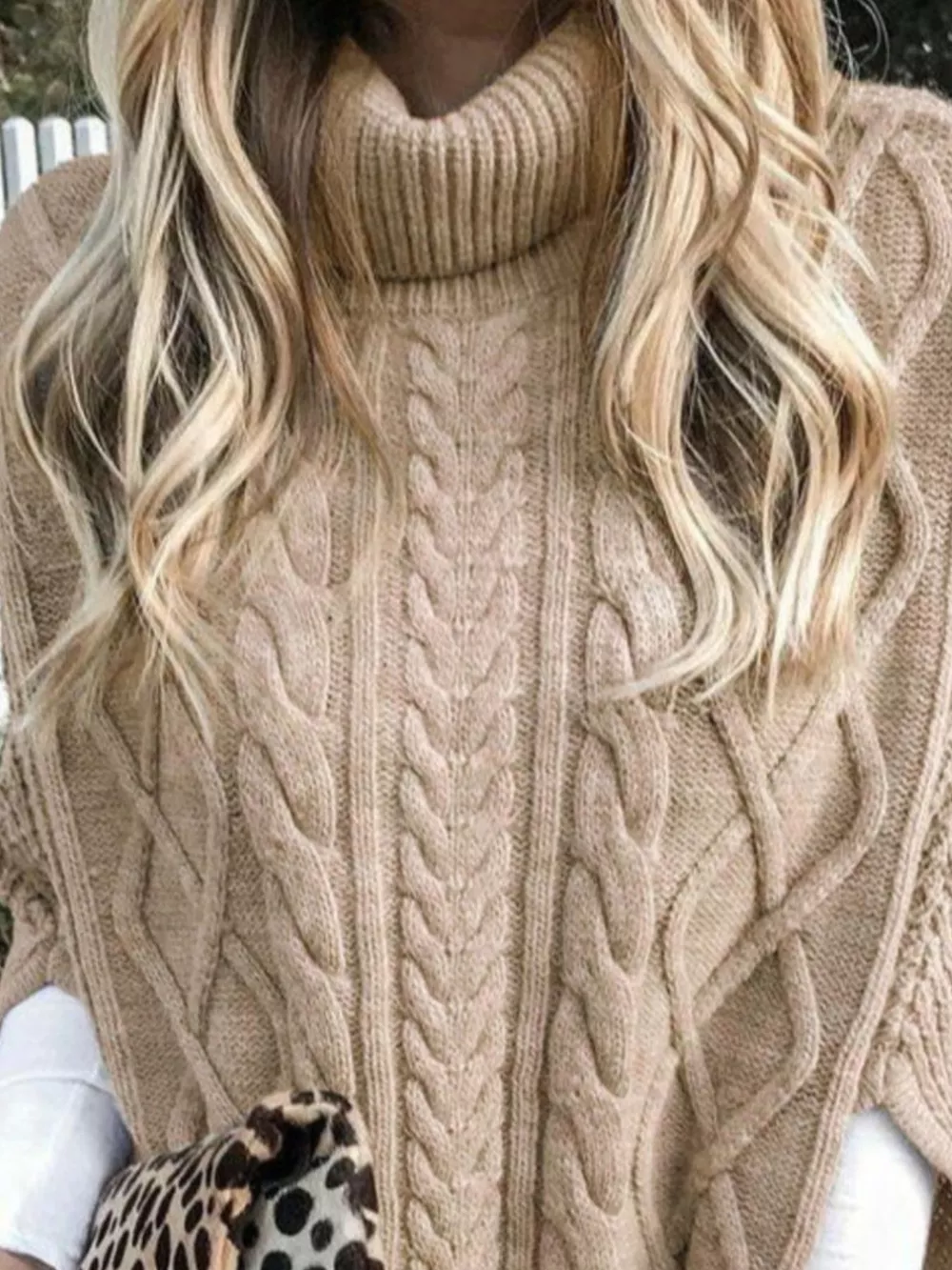 Chunky Cable Knit Turtleneck Poncho Cover Up, image 5
