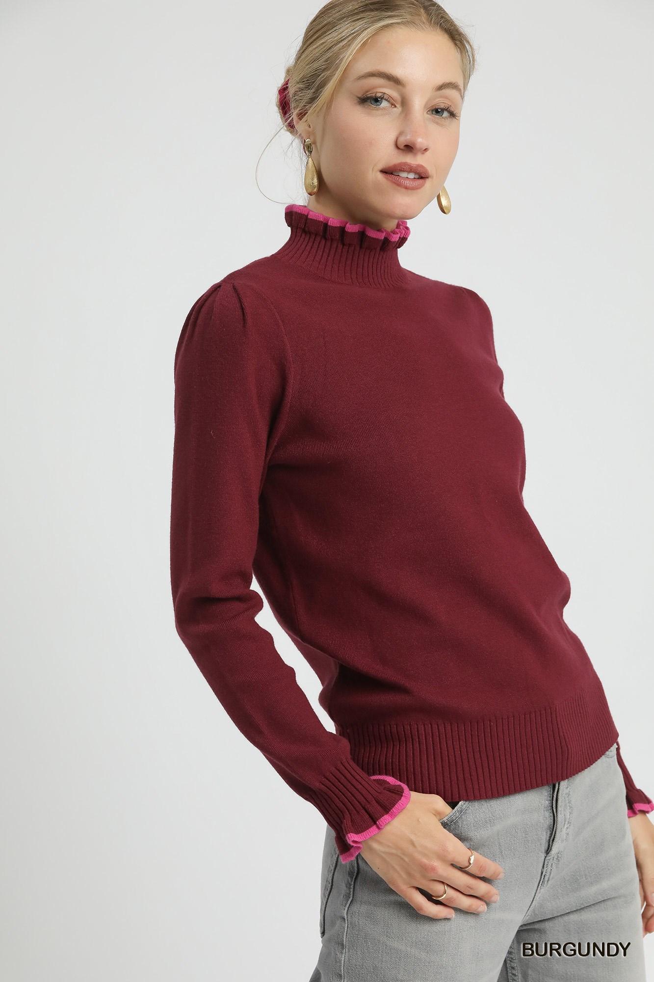 Ribbed Round Neck Sweater with Ruffle Contrast Trim, image 2