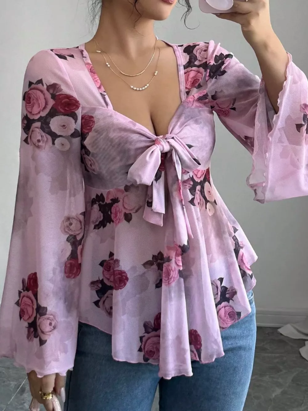 Floral Print Tie Front Flare Sleeve Blouse, image 2
