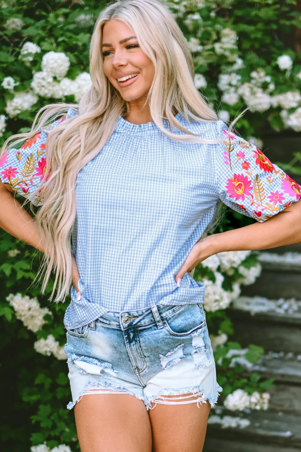Embroidered Plaid Round Neck Short Sleeve Blouse, image 3