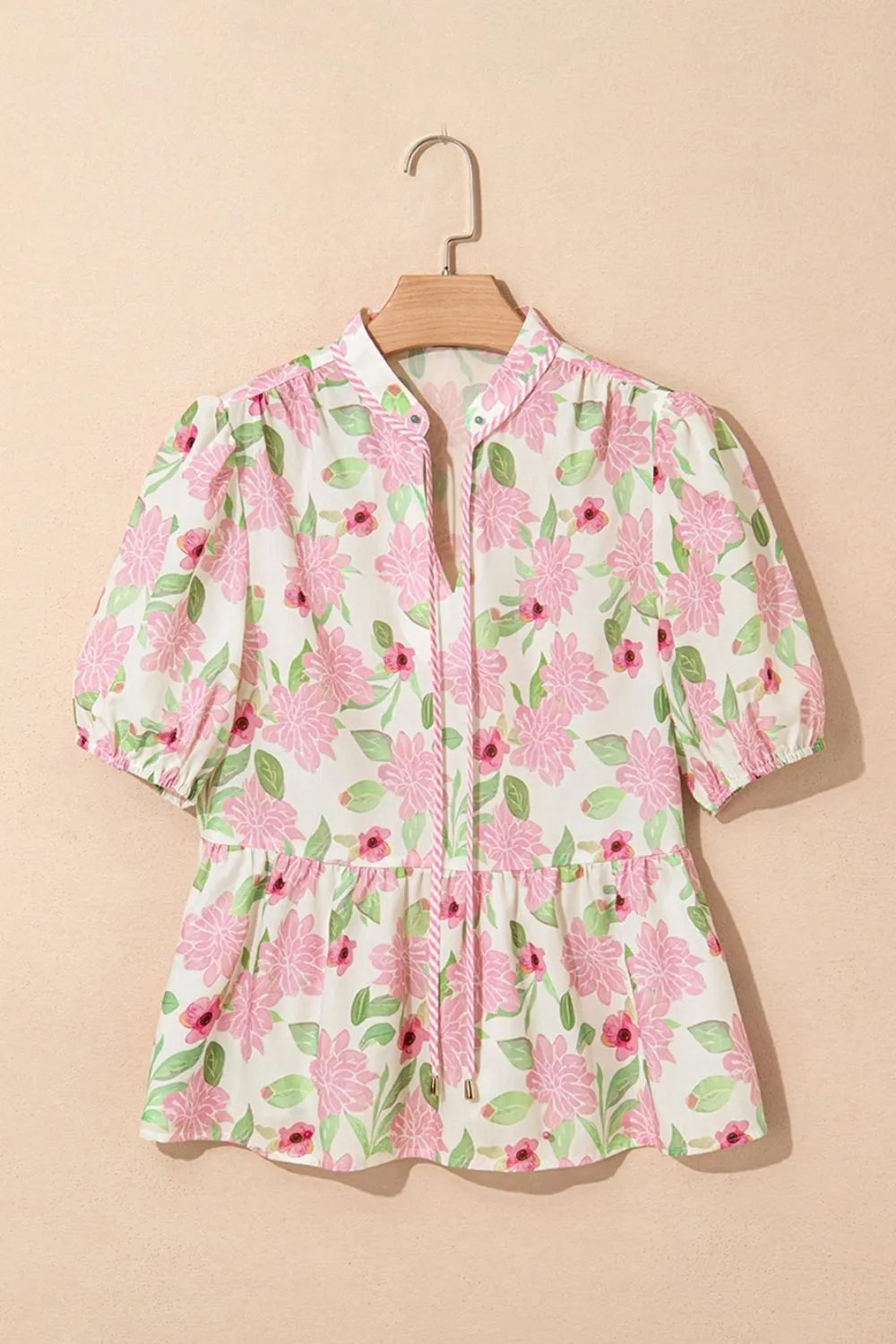 Printed Tie Neck Short Sleeve Blouse, image 2