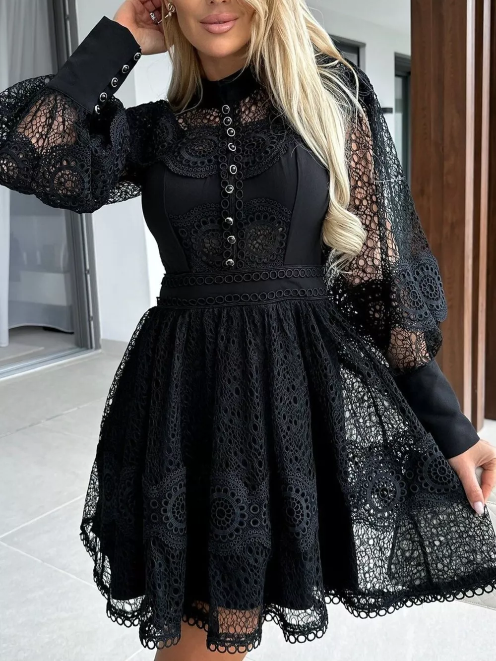 Lace Lantern Sleeve Mini Dress, image 4