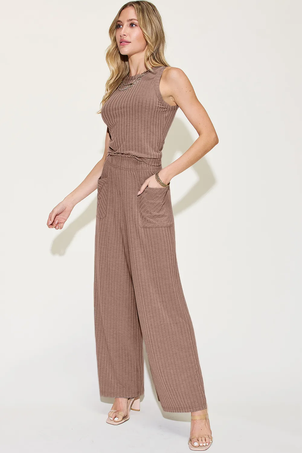 Full Size Ribbed Tank and Wide Leg Pants Set, image 6